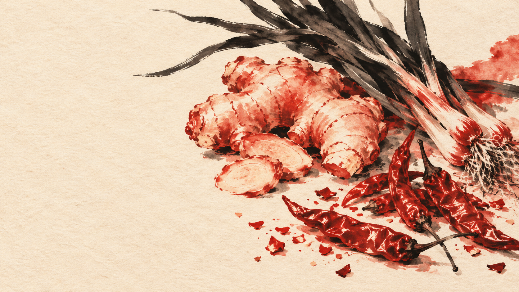 Watercolor illustration of ginger, scallions, and dried chiles
