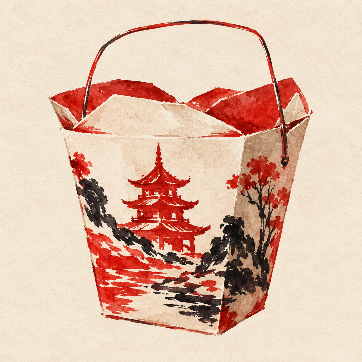 Watercolor illustration of a classic paper takeout box